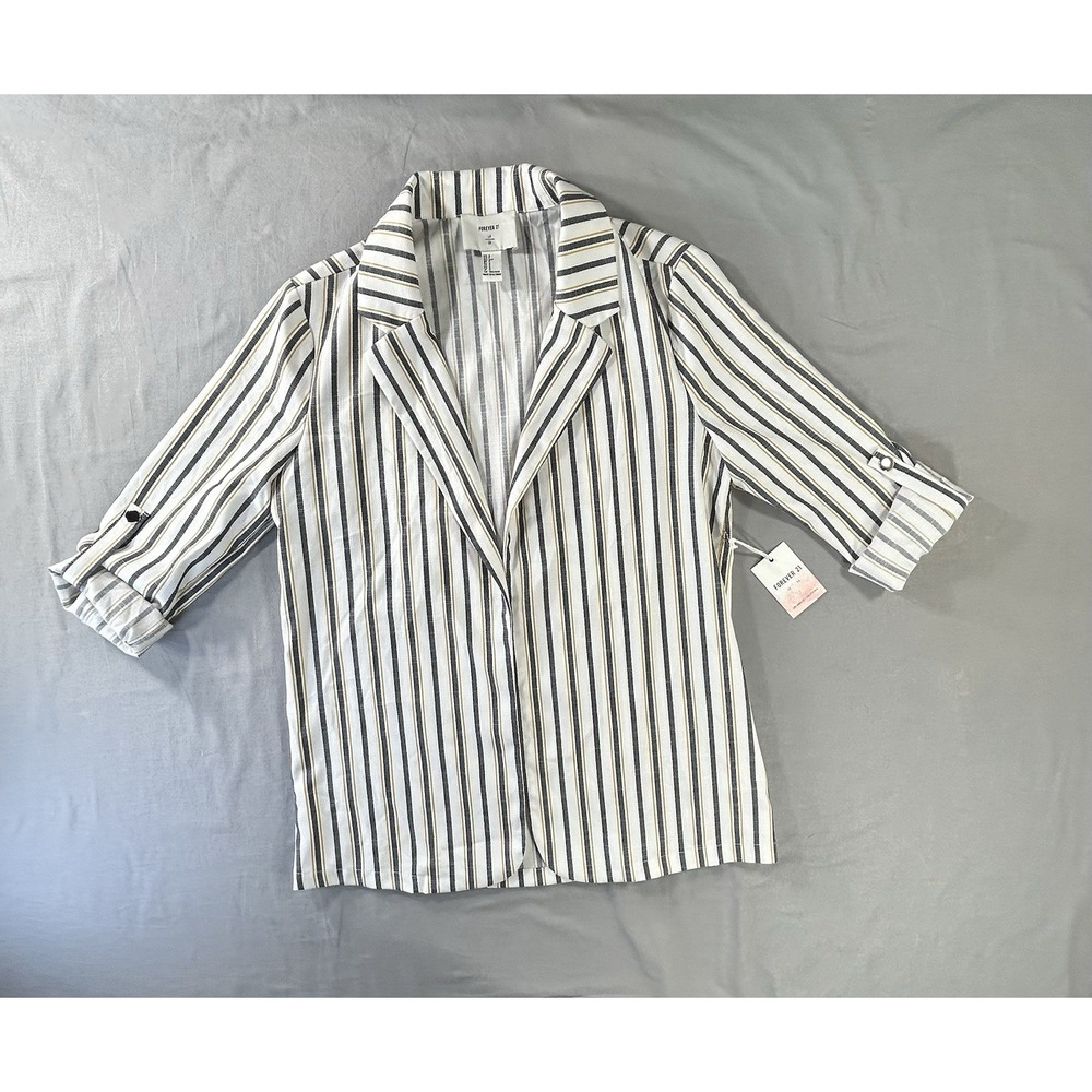 Forever 21 Open-Front blazer Roll Tab 3/4 Sleeve Striped Women's Small NEW